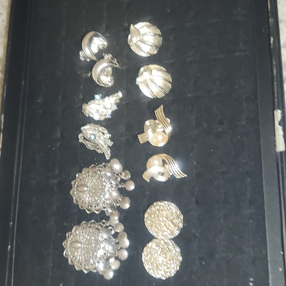 Vintage Clip On Earring Lot Lisner Silver Gold Tone Rhinestone Pearl 6‎ Pairs